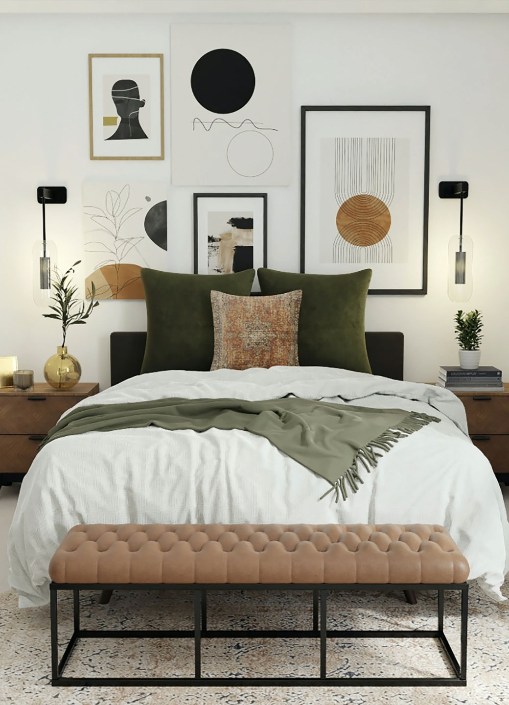 Bedroom with large bed, plush bedding, bedside cabinets, wall mounted lamps, and wall art.