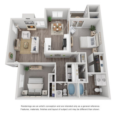 Rendering of the The Bellini floor plan with 2 bedroom[s] and 2 bathroom[s] at Stonelake