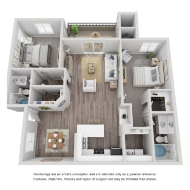 Rendering of the The Cortona floor plan with 2 bedroom[s] and 2 bathroom[s] at Stonelake