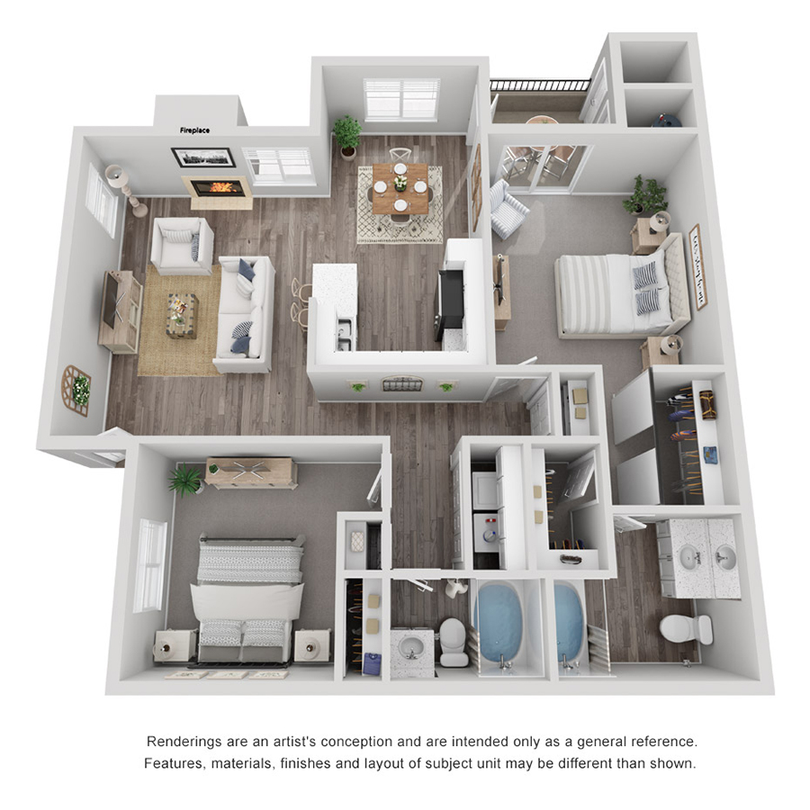 Rendering of the The Bellini floor plan with 2 bedroom[s] and 2 bathroom[s] at Stonelake