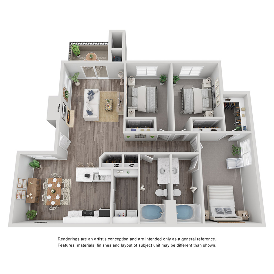 Rendering of the The Donnini floor plan with 3 bedroom[s] and 2 bathroom[s] at Stonelake