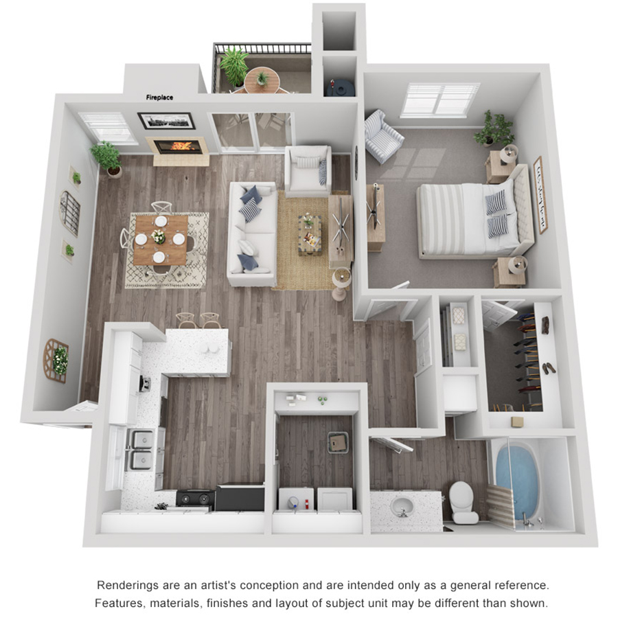 Rendering of the The Arezzo floor plan with 1 bedroom[s] and 1 bathroom[s] at Stonelake