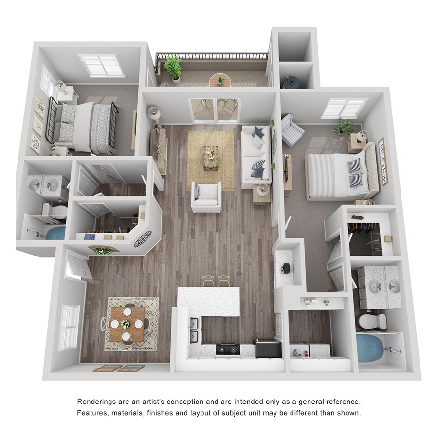 Rendering of the The Cortona floor plan with 2 bedroom[s] and 2 bathroom[s] at Stonelake